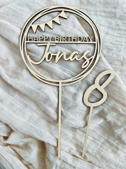 Caketopper Happy Birthday mit Wimpelkette- personalisiert mit Name aus Lindenholz